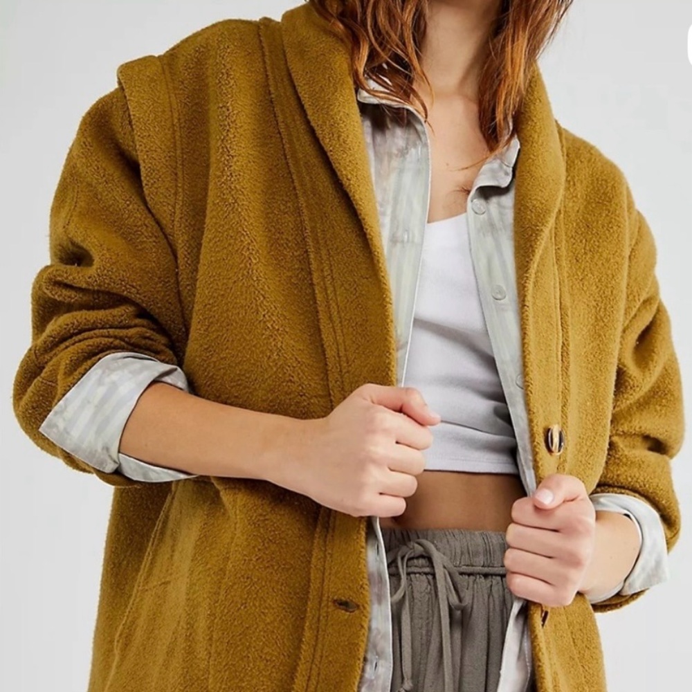 We The Free Tennessee Cardi Oversized L Mustard Eucalyptus Shawl Collar Boho